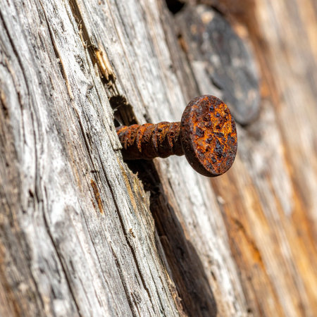 A close-up macro shot captures the intricate texture of a rusty nail firmly embedded in a piece of old, weathered timber.の素材
