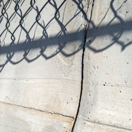 The afternoon sun casts a stark, geometric shadow of a chain-link fence across a weathered concrete wall.の素材