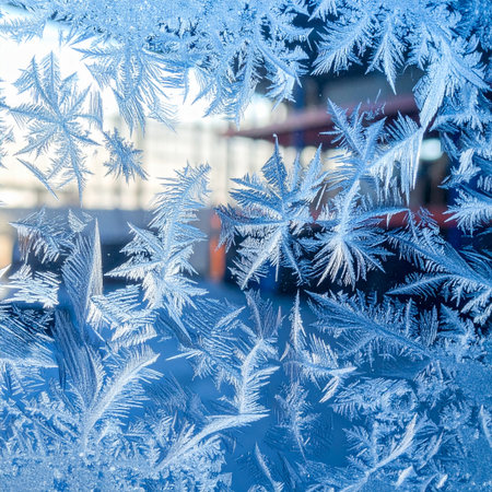 Delicate ice crystals bloom across a windowpane, creating a magical winter wonderland.の素材