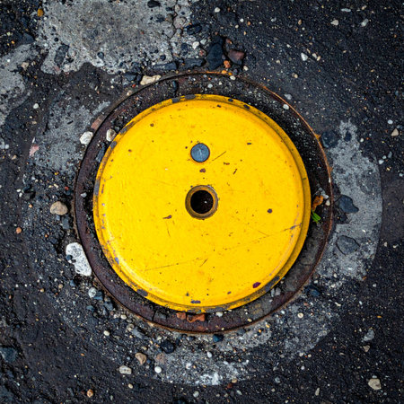 A vibrant yellow circle provides a stark, graphic focal point against a dark, weathered urban surface.の素材