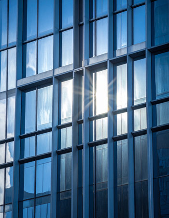 Sunlight bursts through the clean, geometric lines of a contemporary office tower, reflecting off the glass facade.の素材