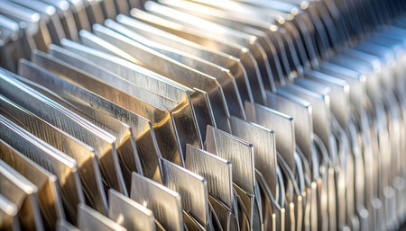 Sunlight catches the edges of precisely engineered metal fins, creating a warm glow that travels down the repeating, rhythmic pattern.の素材