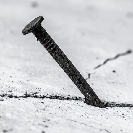A single, weathered nail stands firm, a testament to strength and time, even as the concrete around it begins to crack.の素材