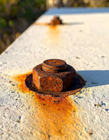 A close-up, detailed shot captures the slow, inevitable process of decay as a heavy industrial bolt succumbs to the elements.の素材