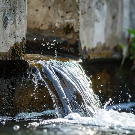 Sunlight catches the spray as water flows from an old concrete drainpipe, splashing into a pool below.の素材