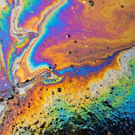 A mesmerizing macro view of an oil slick reveals a chaotic yet beautiful dance of psychedelic colors.の素材