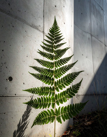 A single, delicate fern frond is illuminated by a ray of sunlight, its intricate patterns glowing against the stark, textured surface of a concrete wall.の素材