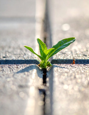Against all odds, a tiny green sprout emerges from a narrow crack in the cold, hard pavement.の素材