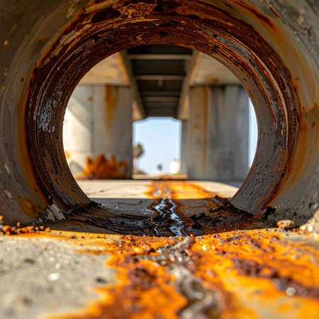 Peering through a forgotten piece of urban infrastructure, the world is framed by a circle of decay.の素材