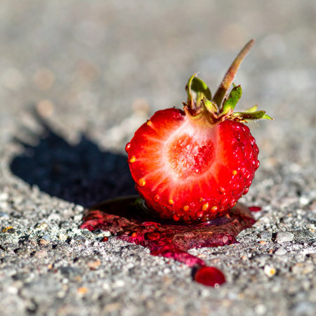 A moment of forgotten sweetness. A single, vibrant red strawberry lies crushed on the rough grey pavement, its bright juice a stark contrast to the gritty surface.の素材