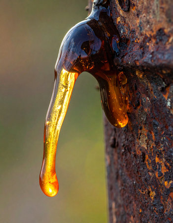 A single, precious drop of golden resin catches the morning sunlight as it slowly drips down the textured bark of a tree.の素材