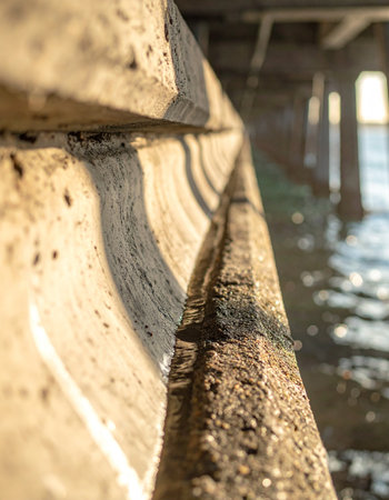 From a low perspective beneath a pier, the afternoon sun casts long, dramatic shadows across weathered concrete pillars.の素材