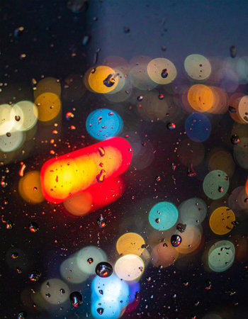 Through a rain-streaked window, the city's nightlife transforms into an abstract painting of colorful, glowing orbs.の素材