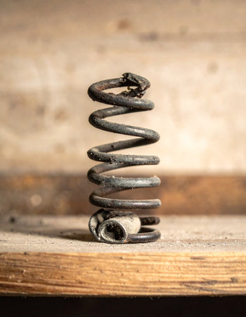 An old, rusted industrial coil spring stands on a worn wooden workbench, a relic of a bygone mechanical era.の素材