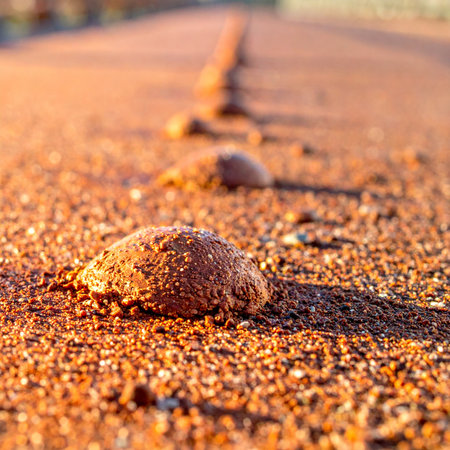 A low-angle, selective focus shot captures a single stone on a red gravel road, bathed in the warm glow of a setting sun.の素材