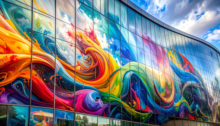 A wave of vibrant, swirling colors washes over the facade of a modern building, transforming the glass and steel into a dynamic canvas.の素材
