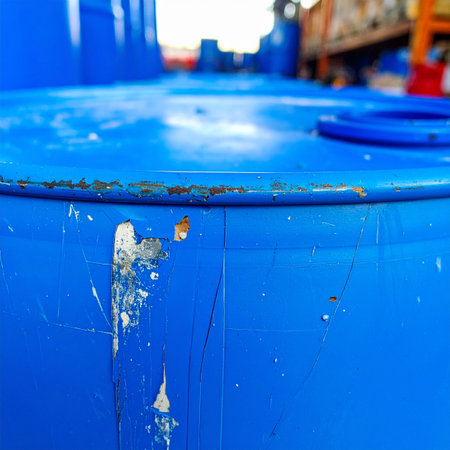 A close-up view reveals the history of a weathered blue industrial drum.の素材