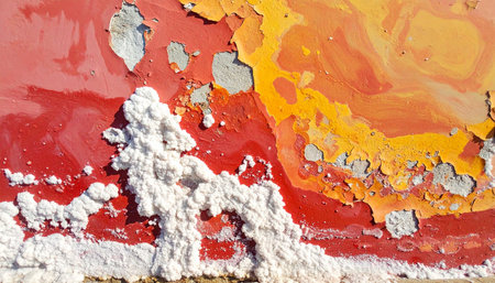 A vibrant macro photograph capturing the dynamic decay of a surface. Fiery reds, oranges, and yellows swirl together as paint peels and cracks, revealing layers of time and texture.の素材