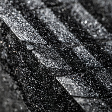 A detailed macro photograph captures the intricate and rugged surface of a dark, crystalline material. Glistening particles catch the light, creating a sense of depth and industrial elegance.の素材