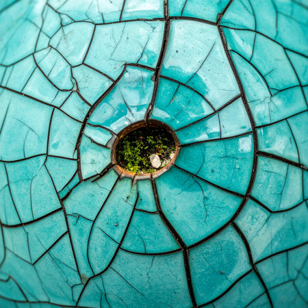 A macro view reveals the intricate web of cracks on an aged turquoise surface.の素材