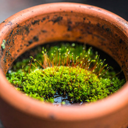 A vibrant green island of moss flourishes in the still water of a weathered terracotta pot.の素材