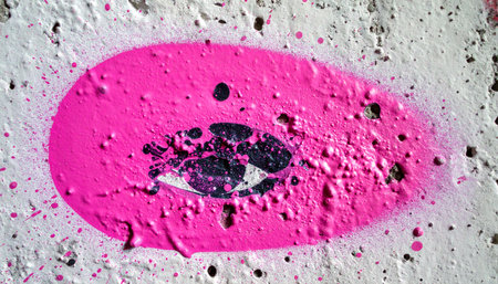 A vibrant pink eye, rendered in thick, textured paint, stares out from a rough concrete wall.の素材