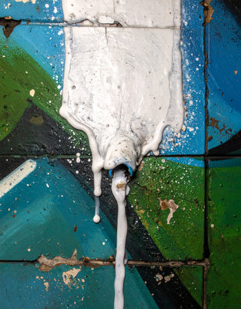 A thick cascade of white paint spills down a colorful graffiti-covered wall, creating a new, accidental layer of abstract art.の素材