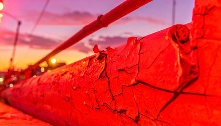 An intense, warm light from a dramatic sunset illuminates the weathered surface of a wooden pole.の素材