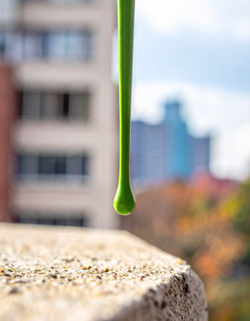 A single, vibrant green droplet hangs suspended in motion, about to fall from a rough concrete ledge.の素材