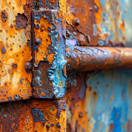 A macro view reveals the beautiful decay of an old metal hinge.の素材