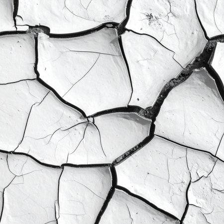 A high-contrast, black and white macro photograph capturing the intricate patterns of a parched, cracked surface.の素材