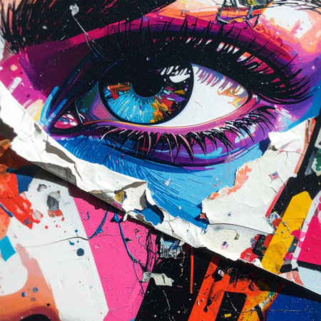 A close-up of an expressive eye, rendered in a vibrant street art style.の素材