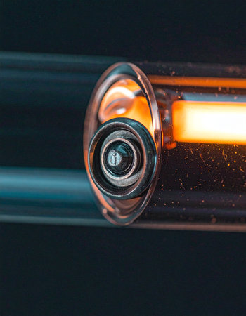 A close-up view reveals the inner workings of a futuristic device, where a vibrant orange light pulses with energy.の素材