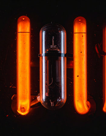 In the deep quiet of a studio, vintage vacuum tubes come to life, casting a warm, orange glow.の素材