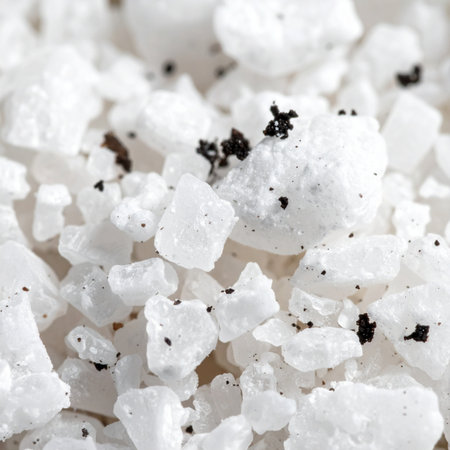 A detailed macro photograph capturing the stark contrast and crystalline texture of coarse sea salt mixed with freshly ground black pepper.の素材