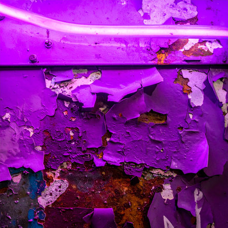 A vibrant purple neon light cuts through the darkness, revealing the raw, layered history of a forgotten urban wall.の素材