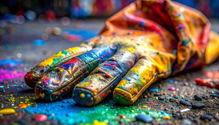 A lone painter's glove, saturated with a rainbow of vibrant colors, rests on the gritty floor.の素材