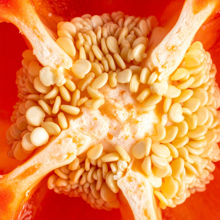 A detailed macro photograph reveals the intricate inner world of a red bell pepper. The central placenta is crowded with seeds, creating a fascinating natural pattern and texture.の素材