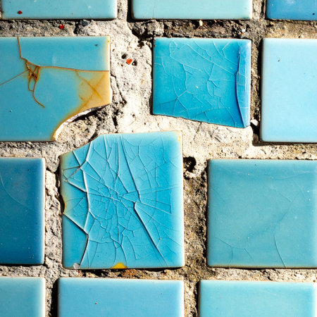 A close-up view reveals the story of time etched into a wall of blue ceramic tiles.の素材