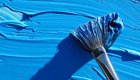 A close-up view captures the dynamic moment of creation as an artist's brush sweeps thick, vibrant blue paint across a canvas.の素材