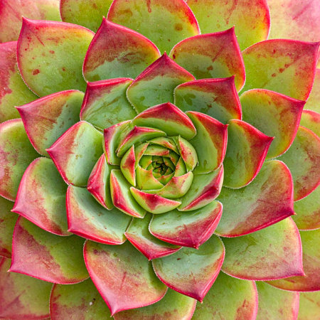 A stunning top-down macro photograph capturing the intricate, geometric beauty of an Echeveria succulent.の素材