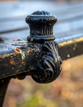 A close-up captures the weathered elegance of an ornate cast-iron detail on a classic park bench.の素材