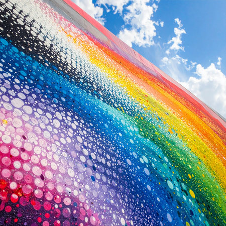 A vibrant, textured rainbow composed of countless colorful dots stretches diagonally across a bright blue sky with fluffy clouds.の素材