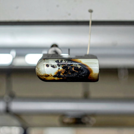 A close-up view of a severely burnt and melted ceiling light fixture, the aftermath of a dangerous electrical short circuit.の素材