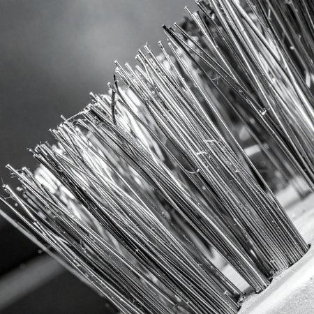A macro, black and white photograph capturing the intricate and orderly pattern of metal bristles on a wire brush.の素材