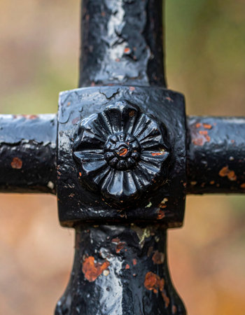 A close-up view captures the intricate detail of an antique wrought iron fence.の素材