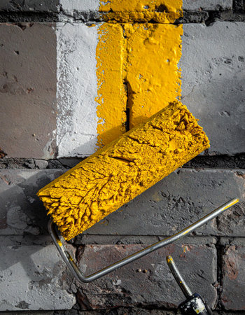 A paint roller, heavy with vibrant yellow paint, leaves a bold, textured stripe on a weathered brick wall.の素材
