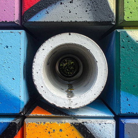 A close-up, symmetrical view of a concrete wall covered in vibrant graffiti.の素材