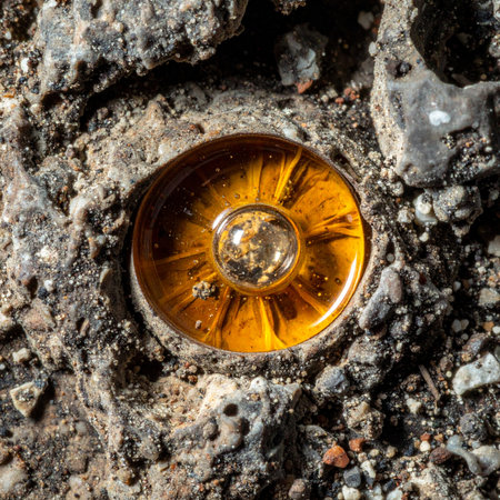 A tiny, translucent snail shell, glowing like a piece of amber in the sunlight, rests on a bed of rough, textured rock.の素材