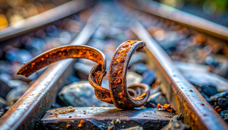 A close-up, detailed view captures a twisted spiral of rusted metal resting on a weathered railroad tie.の素材